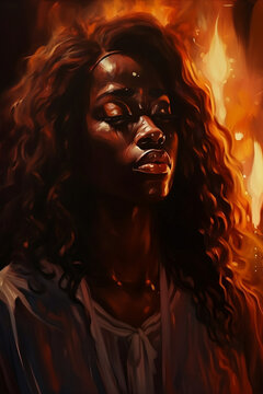 Black woman closing eyes, fiery fire burning behind, generative ai