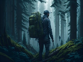 Fototapeta premium Explorer in the woods encountering a zombie