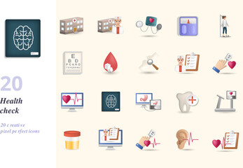 Health check set. Creative icons: hospital, doctor, blood pressure, body weight, height, eye exam, blood sugar, bone density, physical examination, vital sign, x-ray, ultrasound, dental, stress test
