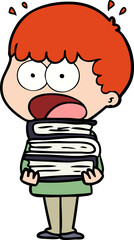 cartoon shocked boy with stack of books