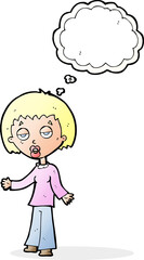 cartoon tired woman with thought bubble