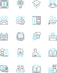 Academia linear icons set. Education, Research, Learning, Scholarship, Science, Teaching, Knowledge line vector and concept signs. Discovery,Curriculum,Pedagogy outline illustrations