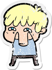 distressed sticker of a cartoon curious man