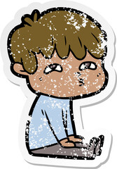 distressed sticker of a cartoon curious man