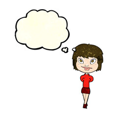 cartoon happy woman with thought bubble