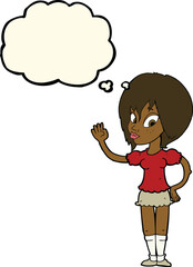cartoon pretty woman waving with thought bubble