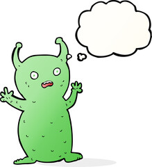 cartoon funny little alien with thought bubble