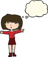 cartoon girl pointing with thought bubble