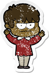 distressed sticker of a annoyed cartoon boy
