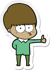sticker of a curious cartoon boy giving thumbs up sign