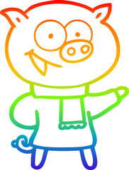 rainbow gradient line drawing of a cheerful pig wearing winter clothes cartoon