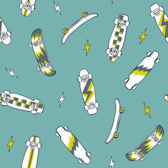 Hand-drawn skateboarding seamless pattern. Skate background texture. Skateboarding doodle illustration. Vector seamless repeat pattern. © cddesign.co