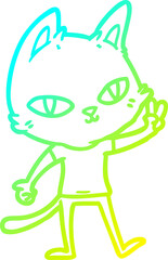 cold gradient line drawing of a cartoon cat waving