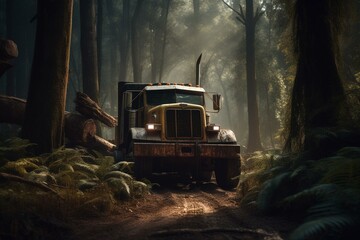 Digital art depicting a logging truck amidst trees. Generative AI