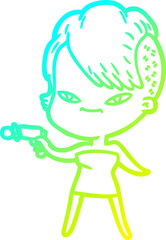 cold gradient line drawing of a cute cartoon girl with hipster haircut