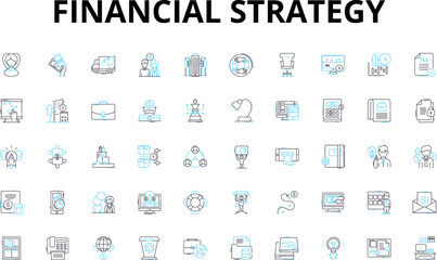 Financial strategy linear icons set. Investment, Savings, Planning, Budgeting, Debt, Returns, Risk vector symbols and line concept signs. Growth,Diversification,Taxation illustration