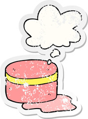 cartoon beauty lotion tub with thought bubble as a distressed worn sticker