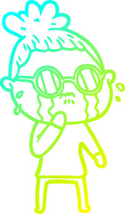 cold gradient line drawing of a cartoon crying woman wearing spectacles
