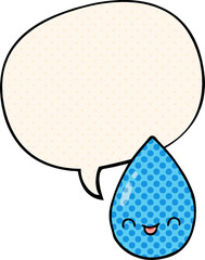 cartoon cute raindrop with speech bubble in comic book style
