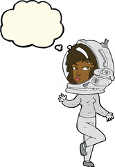 cartoon woman wearing space helmet with thought bubble