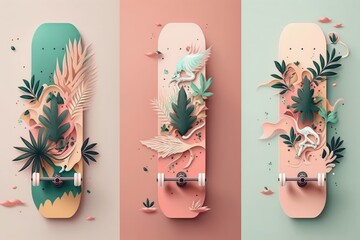 Skateboard with tropical leaves on pastel background