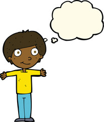 Obraz premium cartoon happy boy with open arms with thought bubble