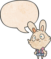 cute cartoon rabbit shrugging shoulders with speech bubble in retro texture style