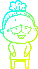 cold gradient line drawing of a cartoon happy old lady