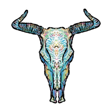 Goat skull with patterns, colored lines, black torn stroke, outline, horns, colored patterns, element for design