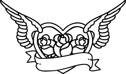 tattoo in black line style of a flying heart with flowers and banner