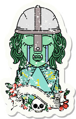 grunge sticker of a crying orc fighter character face with natural one D20 roll