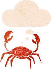 cartoon crab with thought bubble in grunge distressed retro textured style