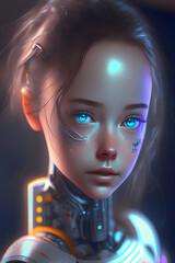 Futuristic robot girl face. Cyber faces. Front view isolated - 3d robotic woman - face detail view - Fictional Face - "Generative AI"