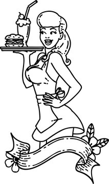 tattoo in black line style of a pinup waitress girl with banner