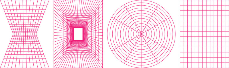Set of geometry wireframe grid backgrounds. Cyberpunk elements in trendy psychedelic rave style. PNG