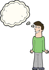 cartoon man shrugging shoulders with thought bubble