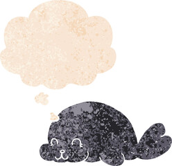 cute cartoon seal with thought bubble in grunge distressed retro textured style