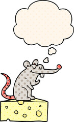 cartoon mouse sitting on cheese with thought bubble in comic book style