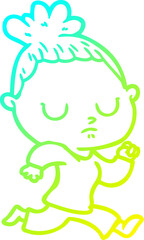 cold gradient line drawing of a cartoon calm woman