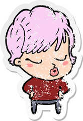 distressed sticker of a cartoon woman with eyes shut