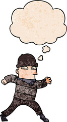 cartoon thief with thought bubble in grunge texture style