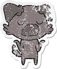 distressed sticker of a cartoon dog shrugging shoulders