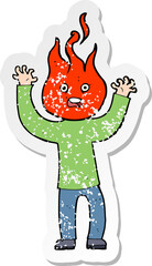 retro distressed sticker of a cartoon man with head on fire