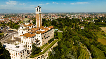 Aerial footage of an italian monastery on a sunny day 