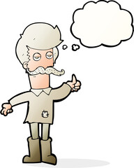 cartoon old man in poor clothes with thought bubble