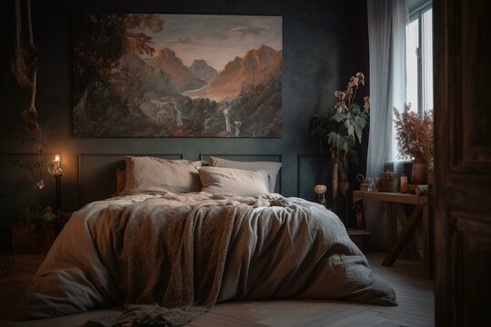 An artful bedroom with a painting, cozy bedding, and a plant in the corner. Generative AI