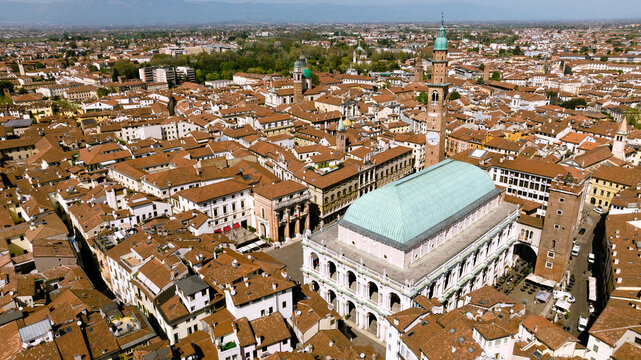 Aerial view of a small Italian town on a sunny day