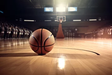 Tuinposter Capture the excitement of basketball with a background of a packed arena in this dynamic stock photo. Ideal for sports marketing and promotion. Generative AI © Kishore Newton