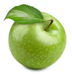 Green apple Clipping Path. Ripe whole apple with leaf isolated on white background. Green apple macro studio photo