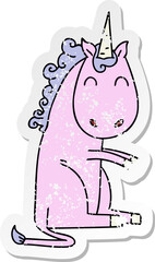 distressed sticker of a quirky hand drawn cartoon unicorn